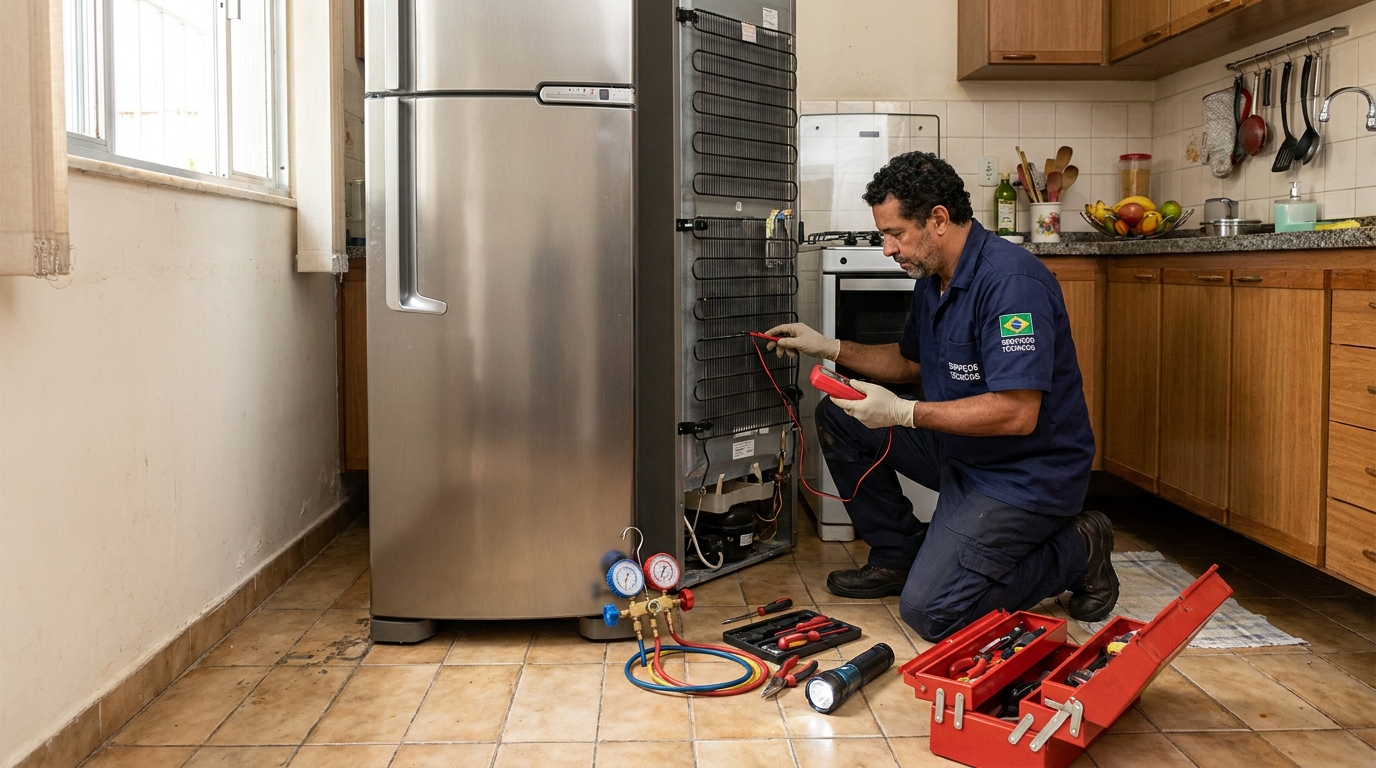 Técnico realizando manutenção de motor de geladeira em Teresina‑PI